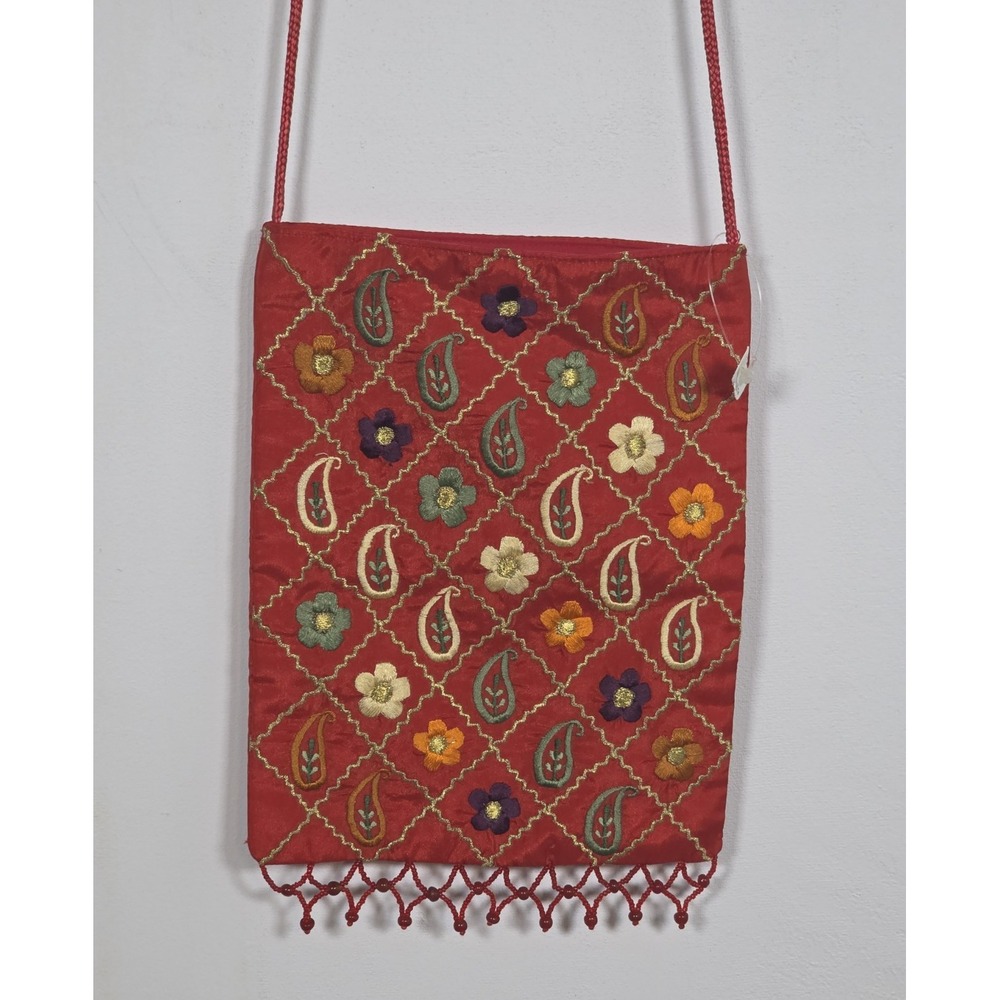 World Market Womens Small Red Embroidered Floral Crossbody Purse Pouch Boho Bag